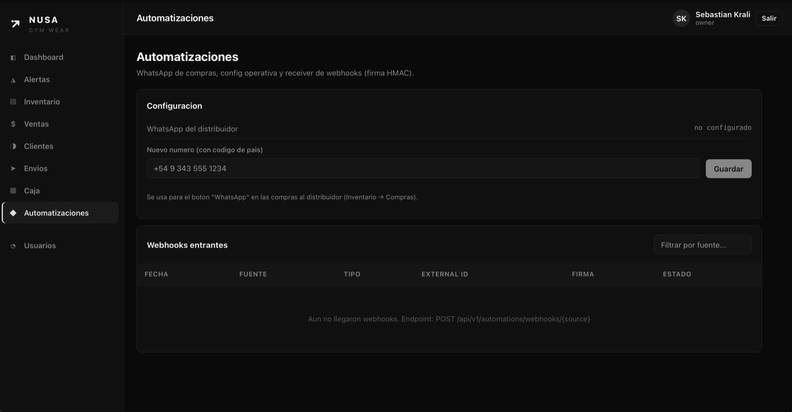 Pantalla de automatizaciones del sistema de NUSA: WhatsApp de compras y webhooks